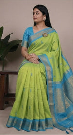 Load image into Gallery viewer, Collage of a woman wearing a green and blue saree with a plant in the background
