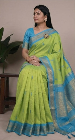 Collage of a woman wearing a green and blue saree with a plant in the background