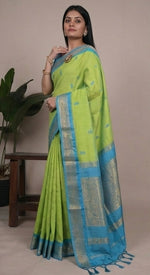 Load image into Gallery viewer, Collage of a woman wearing a green and blue saree with a plant in the background
