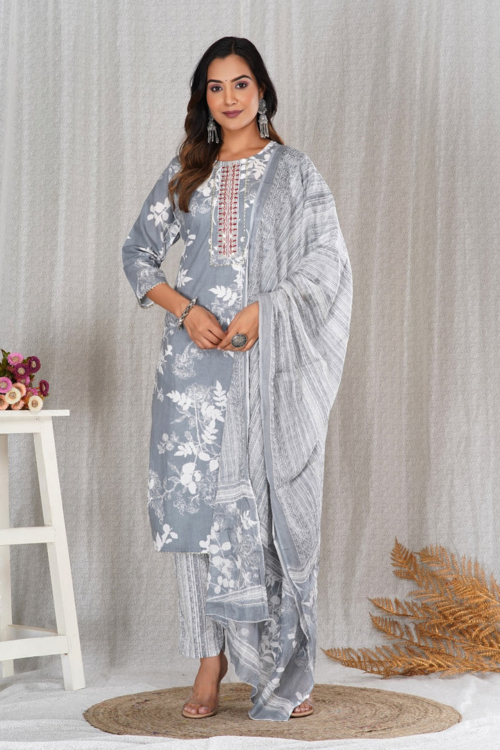 Gurnam ~ Grey Floral Suit Set
