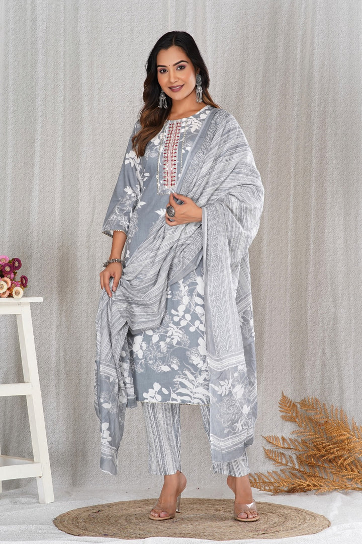 Gurnam ~ Grey Floral Suit Set