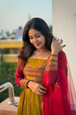 Load image into Gallery viewer, Mustard (Elegant vichitra silk top)