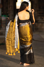 Load image into Gallery viewer, Gold Black (Premium Handloom Tissue Mul Cotton)