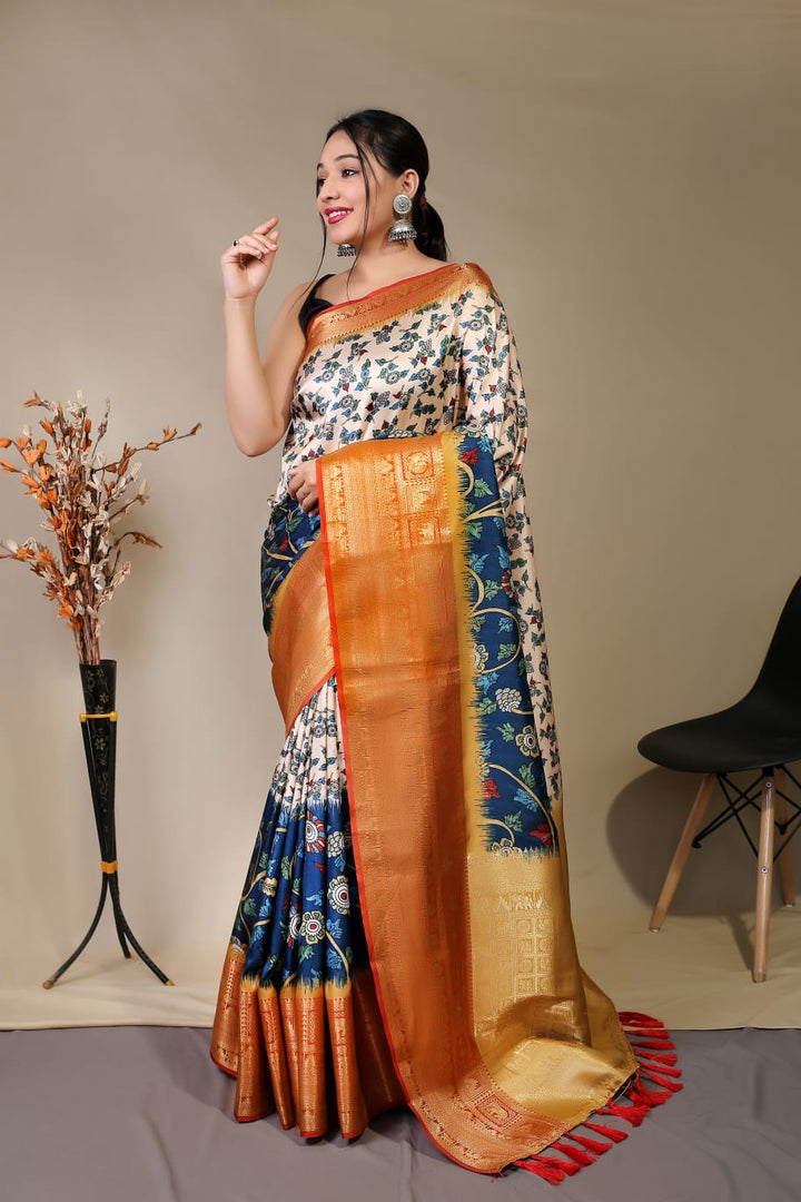 Kalamakari Cream and Blue (Premium Soft Banarasi Silk)